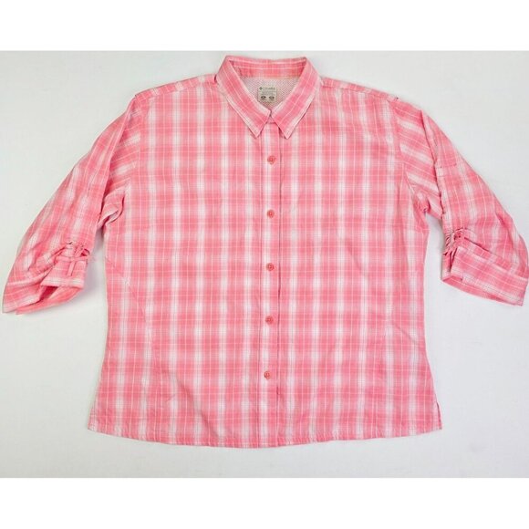 Columbia PFG XL Womens Pink White Gray Check 3/4 Sleeve Button Down Vent Shirt - Picture 1 of 16